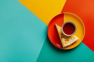Top View Of Chicken Quesadillas With Sour Cream On Vibrant Background With Copy Space, Food Photography photo