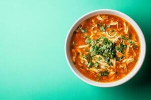 Top View Of Chicken Tortilla Soup On Vibrant Background With Copy Space, Food Photography photo