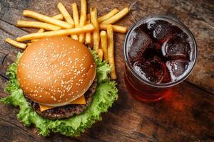 Top View Of Combo Meal Burger, Fries, And Soda On Vibrant Background With Copy Space, Food Photography photo