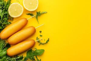 Top View Of Corn Dog With Mustard On Vibrant Background With Copy Space, Food Photography photo