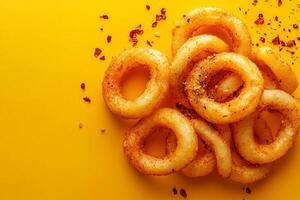 Top View Of Curly Fries With Seasoning On Vibrant Background With Copy Space, Food Photography photo