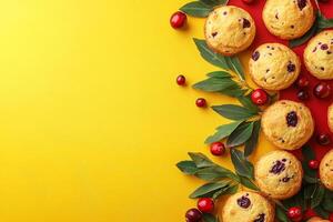 Top View Of Cranberry Scones On Vibrant Background With Copy Space, Food Photography photo