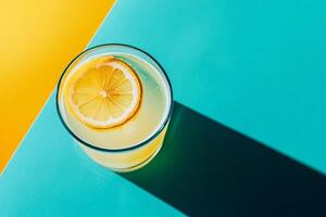 Top View Of Fresh Squeezed Lemonade On Vibrant Background With Copy Space, Food Photography photo