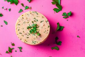 Top View Of Foie Gras Torchon On Vibrant Background With Copy Space, Food Photography photo
