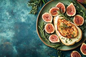 Top View Of Gourmet Grilled Cheese With Fig Jam And Brie On Vibrant Background With Copy Space, Food Photography photo