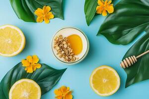 Top View Of Greek Yogurt Parfait With Granola And Berries On Vibrant Background With Copy Space, Food Photography photo