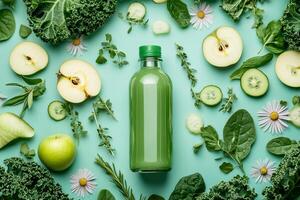 Top View Of Green Detox Juice With Kale, Spinach, And Apple On Vibrant Background With Copy Space, Food Photography photo