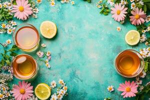 Top View Of Iced Tea With Lemon On Vibrant Background With Copy Space, Food Photography photo