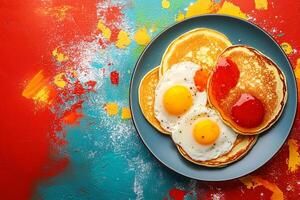 Top View Of Large Breakfast Platter With Pancakes And Eggs On Vibrant Background With Copy Space, Food Photography photo