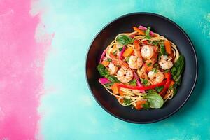 Top View Of Large Shrimp Scampi On Vibrant Background With Copy Space, Food Photography photo