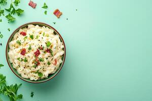Top View Of Macaroni And Cheese With Bacon On Vibrant Background With Copy Space, Food Photography photo