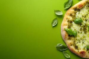 Top View Of Margherita Flatbread With Fresh Basil On Vibrant Background With Copy Space, Food Photography photo