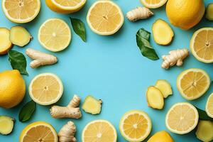 Top View Of Mango Lemonade With Ginger On Vibrant Background With Copy Space, Food Photography photo