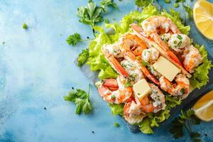 Top View Of Lobster Roll With Butter On Vibrant Background With Copy Space, Food Photography photo