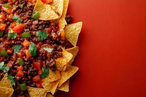 Tortilla chips with meat and vegetables on a red background photo