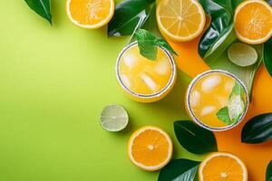 Orange juice with lime and mint leaves on a green background photo