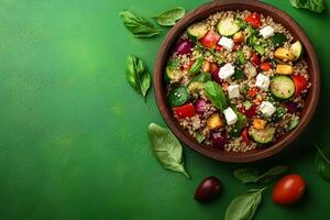 Quinoa salad with vegetables and feta cheese on a green background top view photo