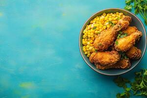 Fried chicken and corn on a blue background photo