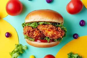 A chicken sandwich with lettuce, tomatoes and other vegetables photo