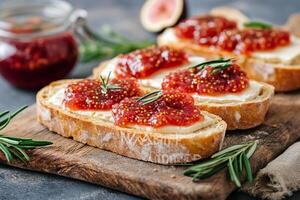 Baguette With Brie And Fig Jam, Copy Space, Food Setting photo