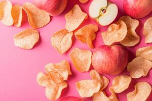 Top View Of Apple Cinnamon Crisps On Vibrant Background With Copy Space, Food Setting photo