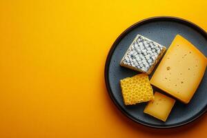 Top View Of Artisan Cheese Plate With Honeycomb On Vibrant Background With Copy Space, Food Setting photo