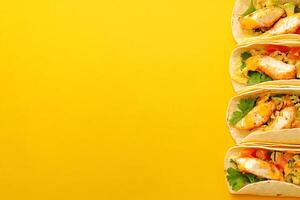 Top View Of Baja Fish Tacos With Cabbage Slaw On Vibrant Background With Copy Space, Food Setting photo