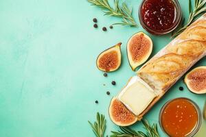 Top View Of Baguette With Brie And Fig Jam On Vibrant Background With Copy Space, Food Setting photo