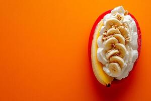 Top View Of Banana Split On Vibrant Background With Copy Space, Food Setting photo