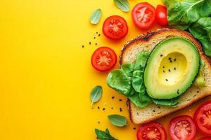Top View Of Blt Sandwich With Avocado On Vibrant Background With Copy Space, Food Setting photo