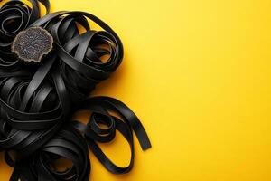 Top View Of Black Truffle Tagliatelle On Vibrant Background With Copy Space, Food Setting photo