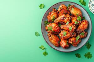 Top View Of Buffalo Chicken Wings With Blue Cheese On Vibrant Background With Copy Space, Food Setting photo