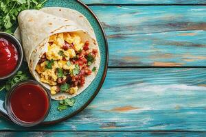 Top View Of Breakfast Burrito With Sausage On Vibrant Background With Copy Space, Food Setting photo