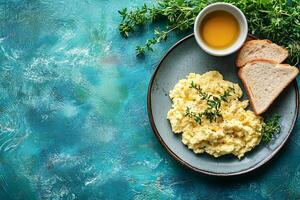 Top View Of Breakfast Platter With Pancakes And Sausage On Vibrant Background With Copy Space, Food Setting photo