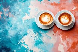 Top View Of Cafes On Vibrant Background With Copy Space, Food Setting photo