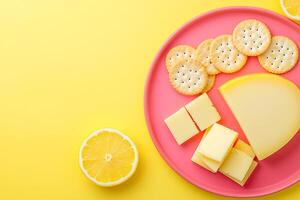 Top View Of Cheese Plate With Crackers On Vibrant Background With Copy Space, Food Setting photo