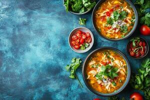 Top View Of Chicken Tortilla Soup On Vibrant Background With Copy Space, Food Setting photo