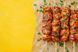 Top View Of Chicken Skewers With Peanut Sauce On Vibrant Background With Copy Space, Food Setting photo