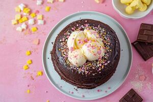 Top View Of Chocolate Cake With Vanilla Ice Cream On Vibrant Background With Copy Space, Food Setting photo