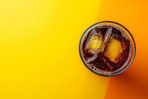 Top View Of Coca-Cola Soft Drink On Vibrant Background With Copy Space, Food Setting photo