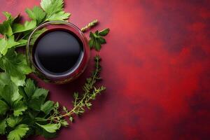 Top View Of Complex Red Wine Reduction Sauce On Vibrant Background With Copy Space, Food Setting photo