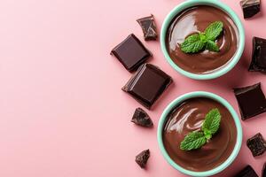 Top View Of Dark Chocolate Mousse On Vibrant Background With Copy Space, Food Setting photo