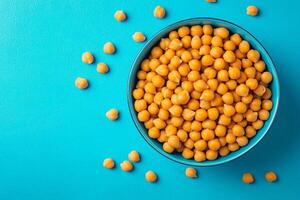 Top View Of Curry Chickpea Bowl On Vibrant Background With Copy Space, Food Setting photo