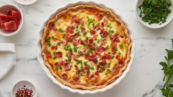 Top View Quiche Lorraine With Bacon, Food Image photo
