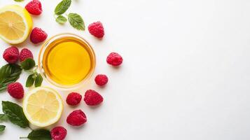 Top View Raspberry Iced Tea With Lemon, Food Image photo