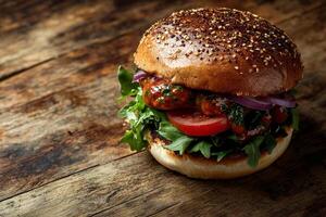 A hamburger with vegetables and meat on a wooden table photo