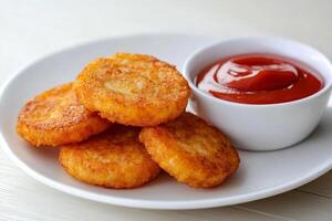 A plate with fried cheese fries and a small bowl of ketchup photo
