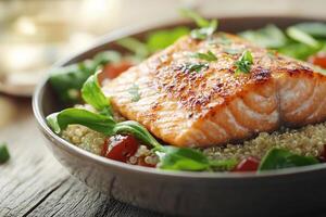 Salmon with quinoa and spinach in a bowl photo
