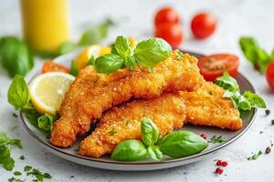 Fried fish fillets with lemon and herbs on a plate photo