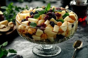 A bowl of fruit salad with berries and nuts photo